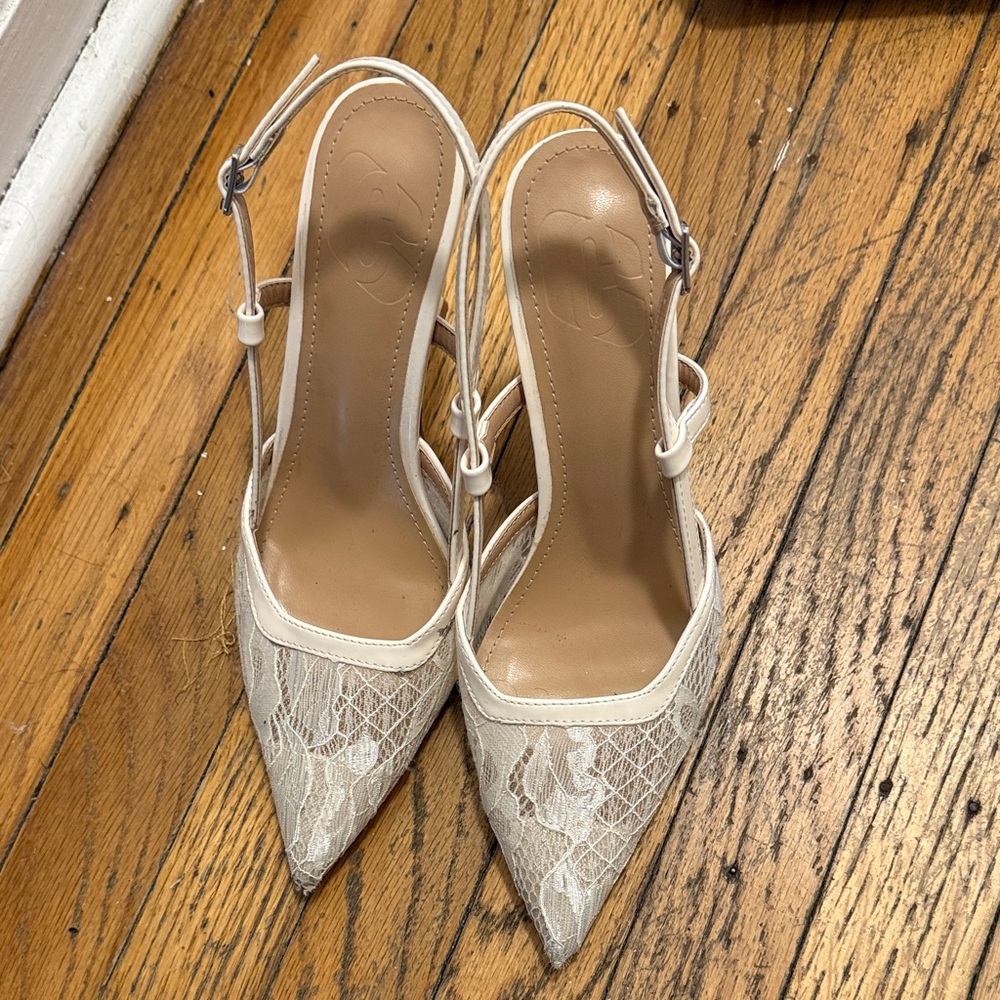 David's Bridal White Lace Pointed Toe Slingback Heels